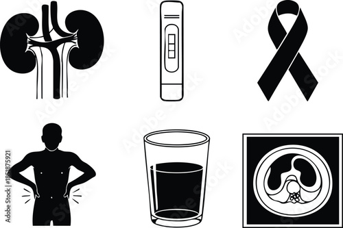 Line art medical icon set showing kidney anatomy urine test ribbon patient silhouette urine sample cup ct scan in black grid front standing hands on hips