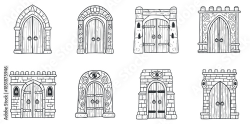 A set of eight unique decorative doors in black and white outline vector style, suitable for fantasy illustrations and architectural design