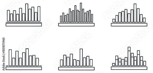 A set of six outline bar graphs and charts in minimalist vector style, ideal for data presentation and analytics projects