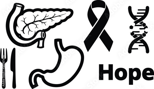 Line art medical icon set showing pancreas stomach dna awareness ribbon fork and knife and hope word in black and white minimal flat design vector illustration