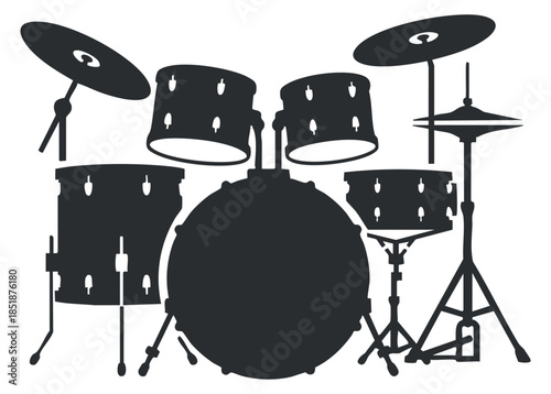 A silhouette illustration of a drum set with cymbals and various drums in black vector style, suitable for music-related designs