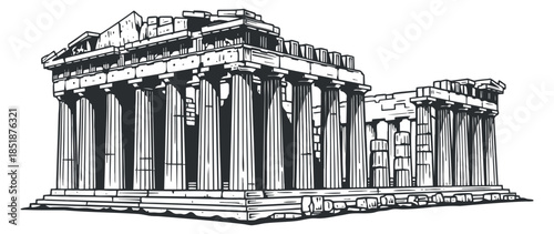 An outline illustration of the Parthenon temple in black and white vector style, perfect for historical architecture projects