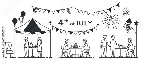 A 4th of July celebration scene with people enjoying food and drinks under a tent in minimalist black and white vector style, perfect for holiday event promotions
