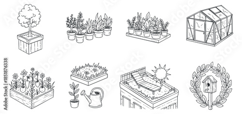 A collection of gardening elements including a flower pot, plants, greenhouse, and garden tools in line art style, suitable for nature-themed projects