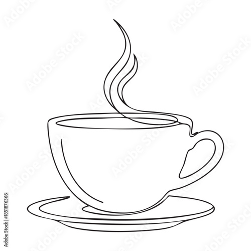 Simple hand drawn illustration of a steaming coffee cup on a saucer