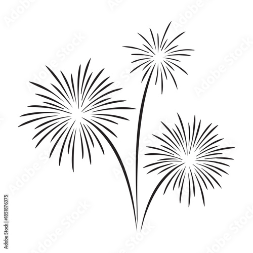 Three fireworks exploding simple black and white line art illustration
