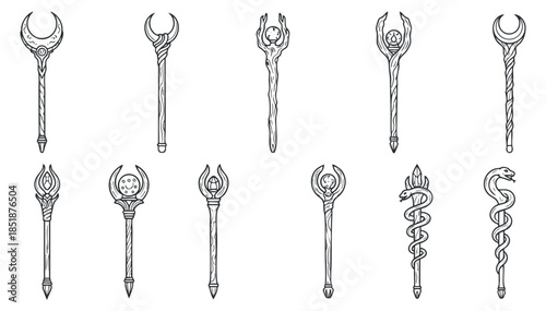 A collection of fantasy magic staffs and wands in detailed black and white line art style, ideal for game design and illustrations