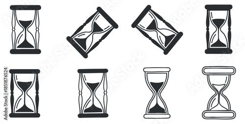 A set of hourglass illustrations in black and white outline vector style, ideal for time management and design projects
