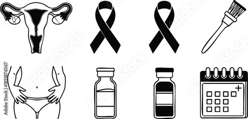 Line art icon set female reproductive system uterus and pelvic self check with awareness ribbons cytology brush vaccine vials calendar appointment black stroke minimal medical icons