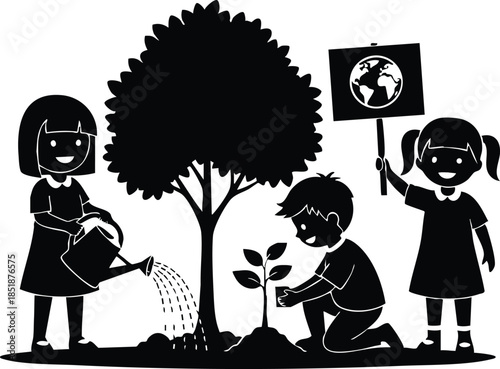 Flat design silhouette three children planting a tree watering and digging in community garden holding globe sign side view close up backlit hopeful environmental scene friendly