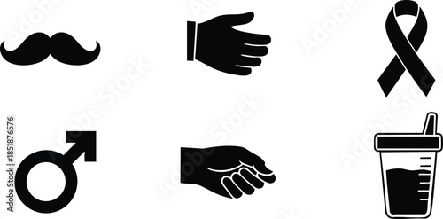 Flat icon set close up black silhouette moustache male symbol awareness ribbon open hand palm handshake and takeaway drink cup for ui and signage bold simple