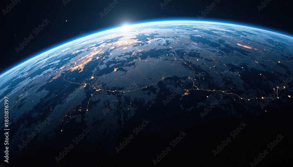 Obraz premium Stunning view of Earth from space with sunrise over illuminated cities