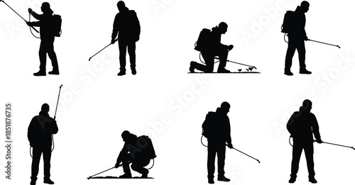 Pest control worker silhouettes set, exterminator spraying equipment, disinfection service, sanitation safety, professional cleaning, vector illustration isolated background