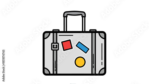 Suitcase with Travel Stickers and Handle in Simple Flat Design