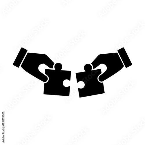 An icon depicting two hands putting together a jigsaw puzzle. simple design isolated icon. Vector illustration