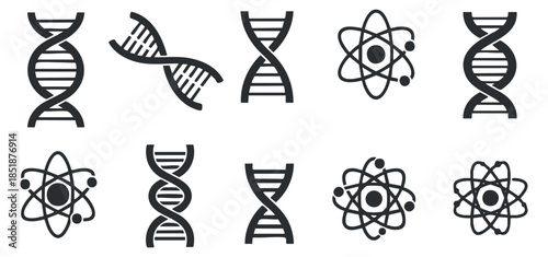 A collection of DNA and atom icons in black and white flat vector style, suitable for scientific and educational projects