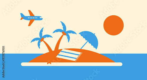 Tropical Island Vacation with Airplane and Sun.