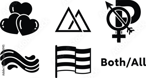 Flat design icon set close up black silhouette heart cluster mountain peaks inclusive gender symbol prohibition mark wavy lines striped flag both all label simple bold