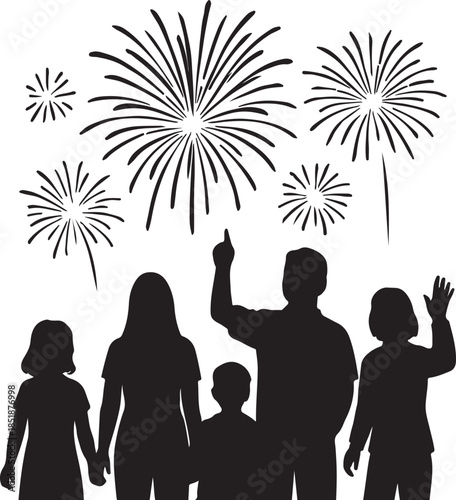  people watching fireworks silhouette vector illustration