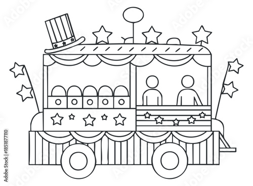 A parade float with stars and decorations in outline vector style, ideal for festive event illustrations and designs