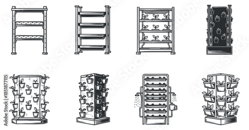 A collection of vertical gardening systems and planters in black and white minimalist vector style, perfect for eco-friendly home decor