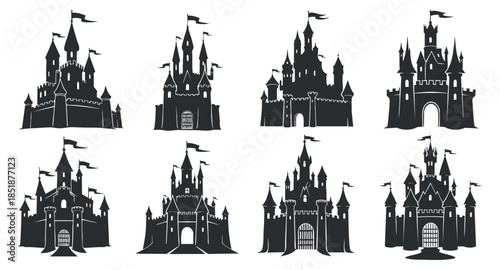 A collection of eight different castle silhouettes with towers and flags in black vector style, ideal for fantasy-themed designs