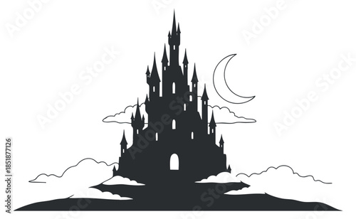 A silhouette of a gothic castle surrounded by clouds and a crescent moon in black vector style, ideal for fantasy themes