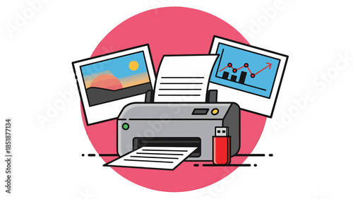 Gray Printer Printing Documents with USB Flash Drive and Pictures