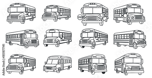 A collection of various bus illustrations in black and white outline vector style, suitable for transportation and urban design projects