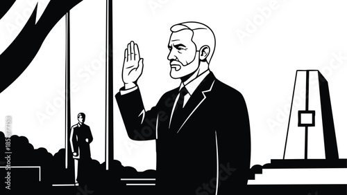 Line art close up of man raising right hand taking an oath beside flagpole memorial obelisk with standing guard in high contrast vector portrait formal suit
