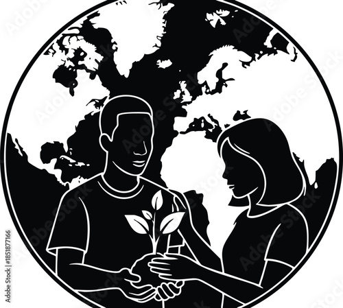 Line art close up two people handing a small plant to each other in front of earth globe symbolizing environmental cooperation and community care gentle exchange