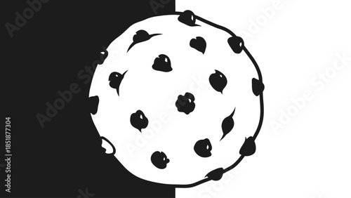 Black and white illustration of a cookie with chocolate chips