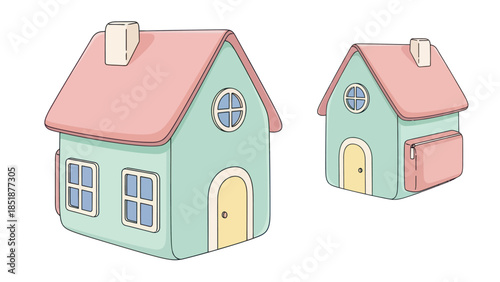 Cute cartoon houses with pastel roofs and mint green walls