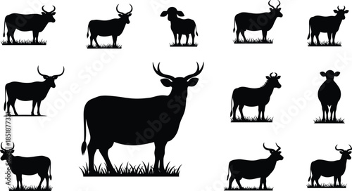 Collection of black silhouettes of deer in various poses