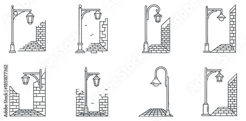 A collection of street lamp illustrations in black and white outline vector style, ideal for urban design projects