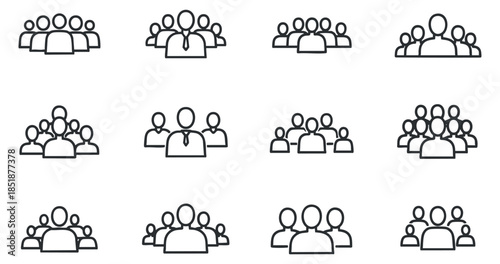 A collection of outline people icons representing groups, teams, and individuals in minimalist vector style, suitable for business and networking themes