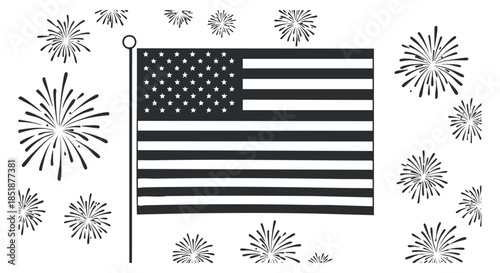An American flag surrounded by fireworks in a black and white outline vector style, perfect for patriotic celebrations and designs