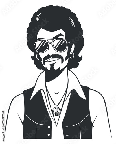 A stylish man with sunglasses and a peace symbol necklace in black and white vector style, ideal for retro-themed designs