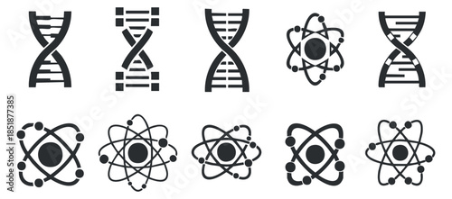 A collection of DNA and atom icons in geometric black and white vector style, suitable for scientific and educational projects