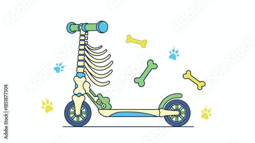 Dog skeleton on a scooter with bones and paw prints