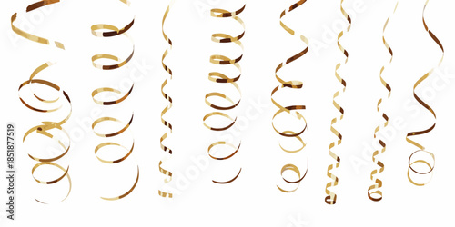 Golden confetti streamers cascade down against a clean white background