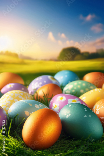 Painted multi coloured easter eggs on a grass nest with sunset landscape spring background. Orange, pink, purple, and blue hand painted designs.