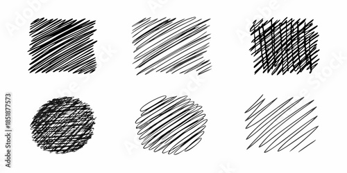 A collection of six hand drawn scribble textures and patterns in black and white