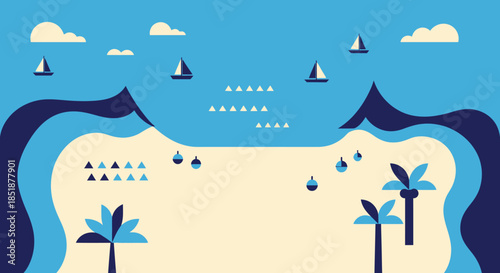 Tropical Beach Landscape with Palm Trees and Sailboats.