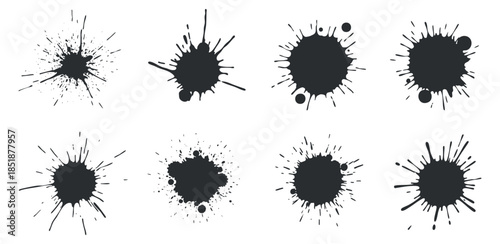 A collection of black ink splatters and paint stains in modern vector style, ideal for artistic designs and creative projects