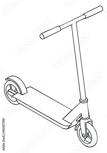 A simple outline illustration of a kick scooter in minimalist vector style, suitable for urban mobility and recreational design