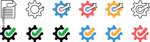 Gear icon set with checkmarks and arrows, settings symbols, document process, system configuration, approval indicators