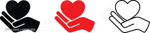 Hand holding heart icon set, care symbols, love gesture, charity support, healthcare compassion, red black outline design