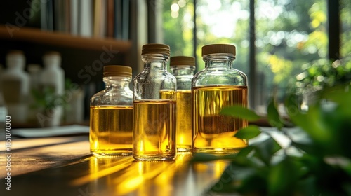 Glass Bottles Filled with Golden Oil in a Serene Natural Light Setting with Greenery in the Background