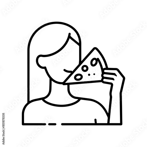An icon depicting a lone woman eating pizza. simple design isolated icon. Vector illustration